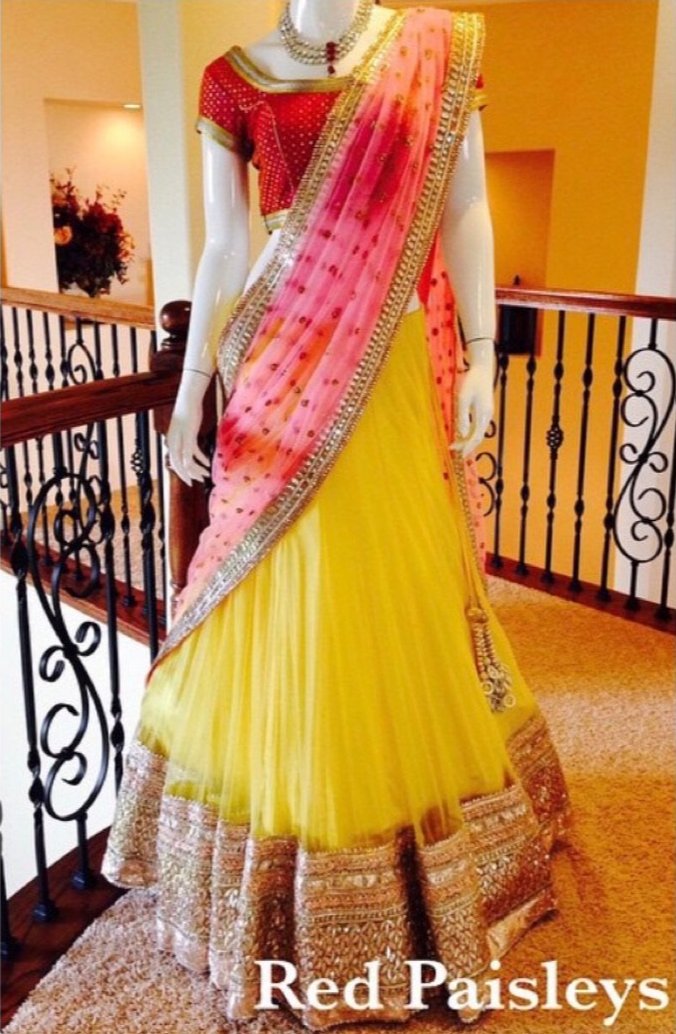 Buy Hastakala Dupion Silk Fabric Yellow Pink Crop Top Lehenga Choli Having  Gotta Patti And Kundan Zari Work All Over The Lehenga Online @ ₹4790 from  ShopClues
